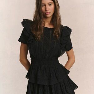 NWT 🔥LoveShackFancy Black Smocked Flutter Sleeve Mini Dress